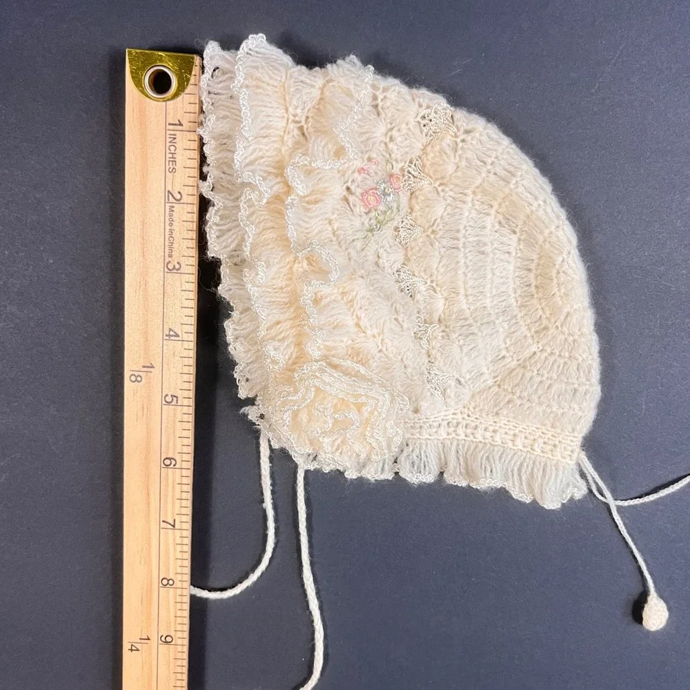 Vtg Mid Century Crochet Baby Bonnet Floral Embroidery Lace Ruffle Pom Pom Ties